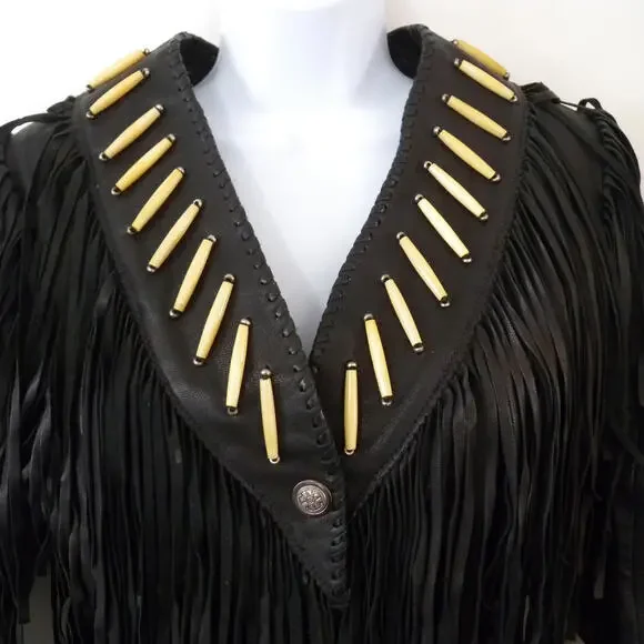 A. M. Bernardo Women's Black Leather Beaded Fringe Hippie Motorcycle Jacket XS - Picture 3 of 9